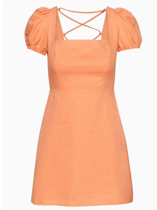 Aritzia Dresses & Skirts - Aritzia Peach Puff-Sleeve Mini Dress with Crisscross Back